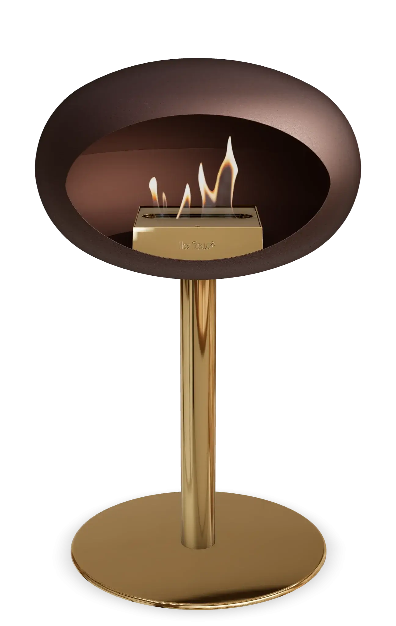 Freestanding bioethanol fireplace in mocca, featuring a stylish design and eco-friendly flame.