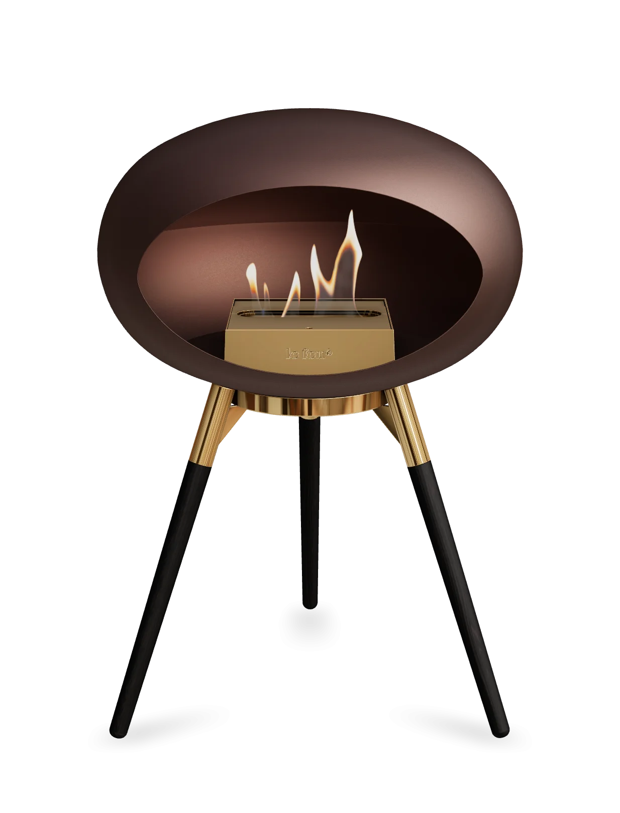 Freestanding bioethanol fireplace Le Feu Dome Ground Low in Mocca color, stylish portable design with flames.