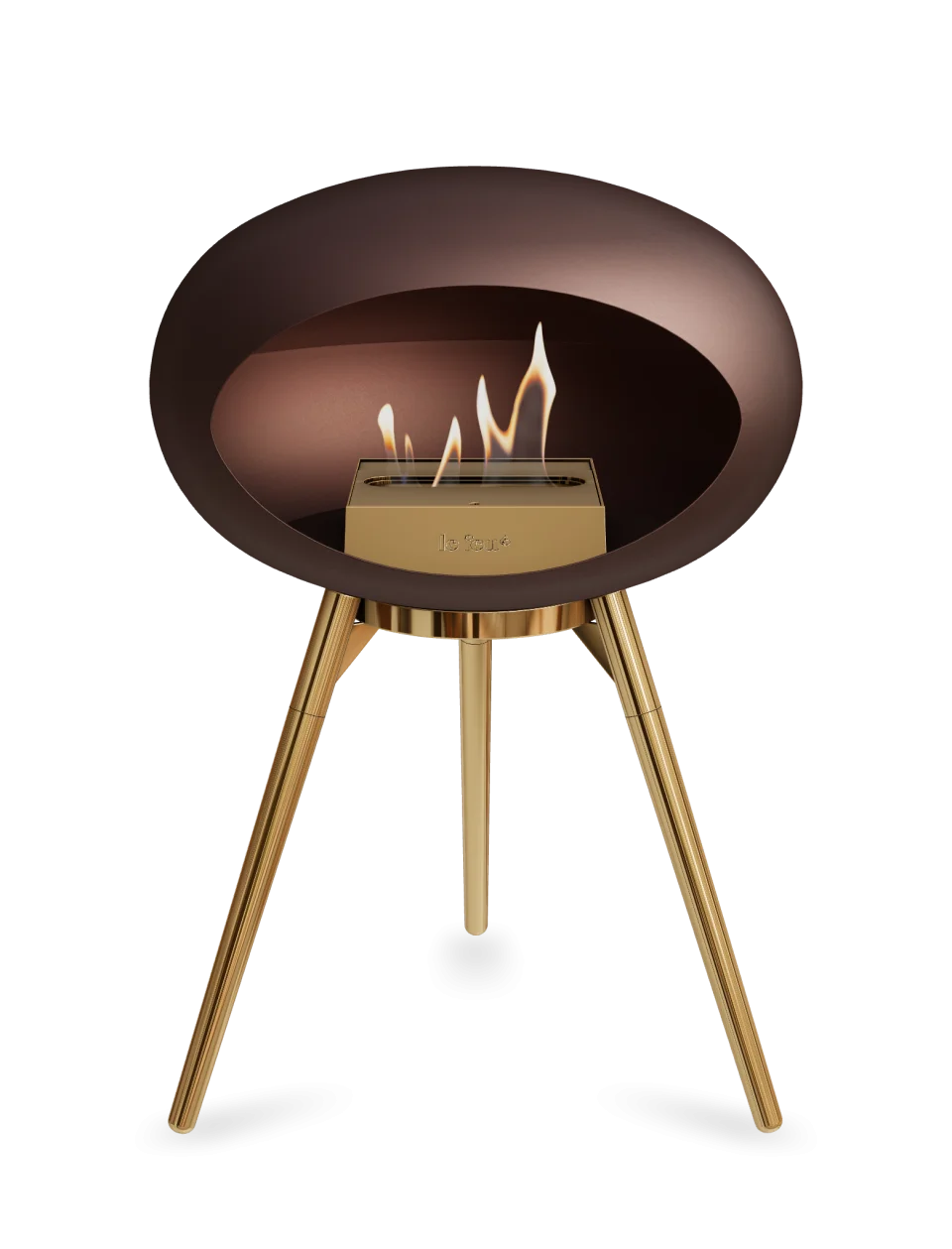 Freestanding Le Feu Dome Ground Low bioethanol fireplace in mocca with golden legs