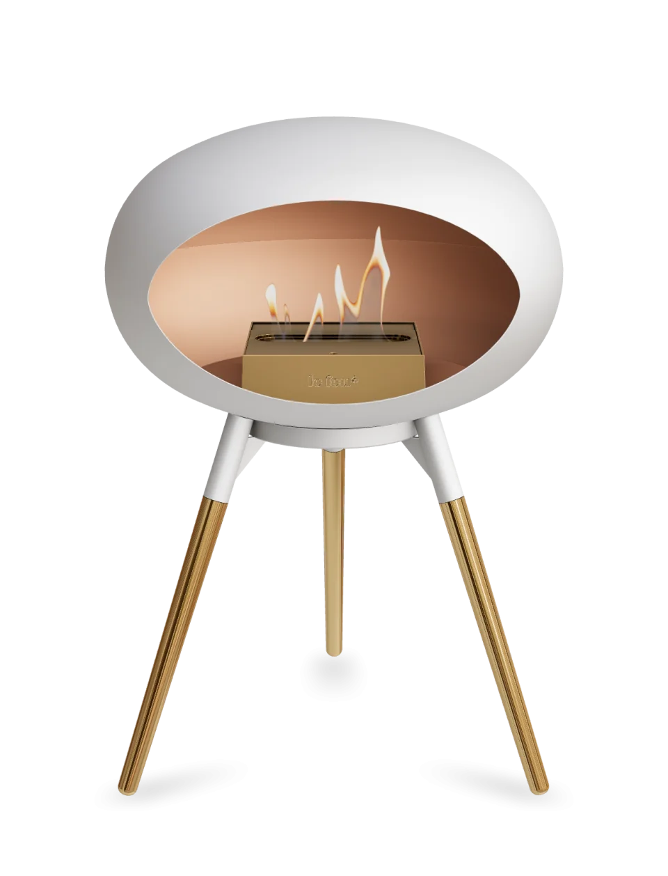 Le Feu Dome Ground Low bioethanol fireplace in white with gold legs, portable and stylish eco-friendly heating solution.
