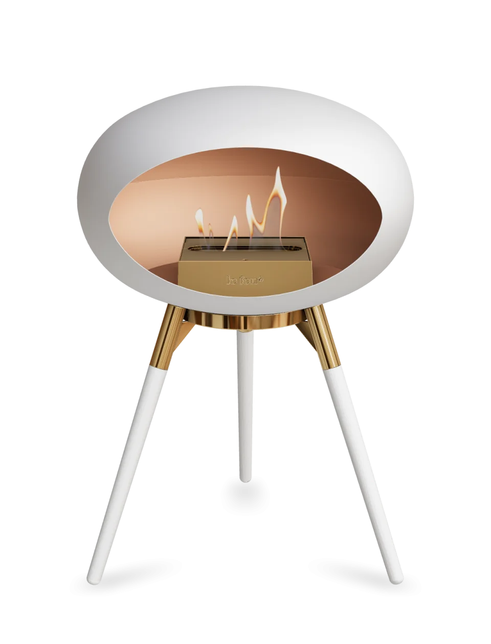 Freestanding Le Feu Dome Ground Low bioethanol fireplace in white with gold accents, offering stylish warmth.