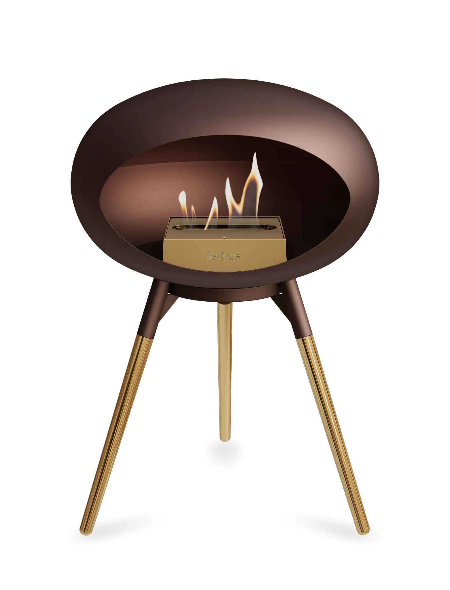 Freestanding bioethanol fireplace Le Feu Dome Ground Low in mocca color with golden legs, providing eco-friendly warmth.