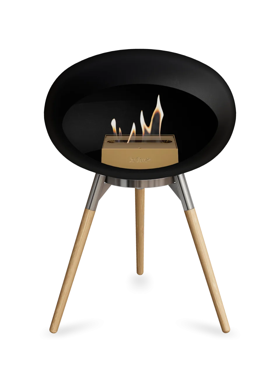 Freestanding black bioethanol fireplace Le Feu Dome Ground Low with flames, stylish and eco-friendly design.