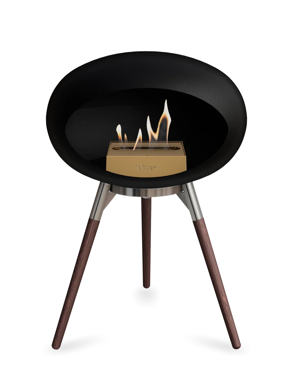 Stylish freestanding black bioethanol fireplace by Le Feu with flames, perfect for contemporary spaces.