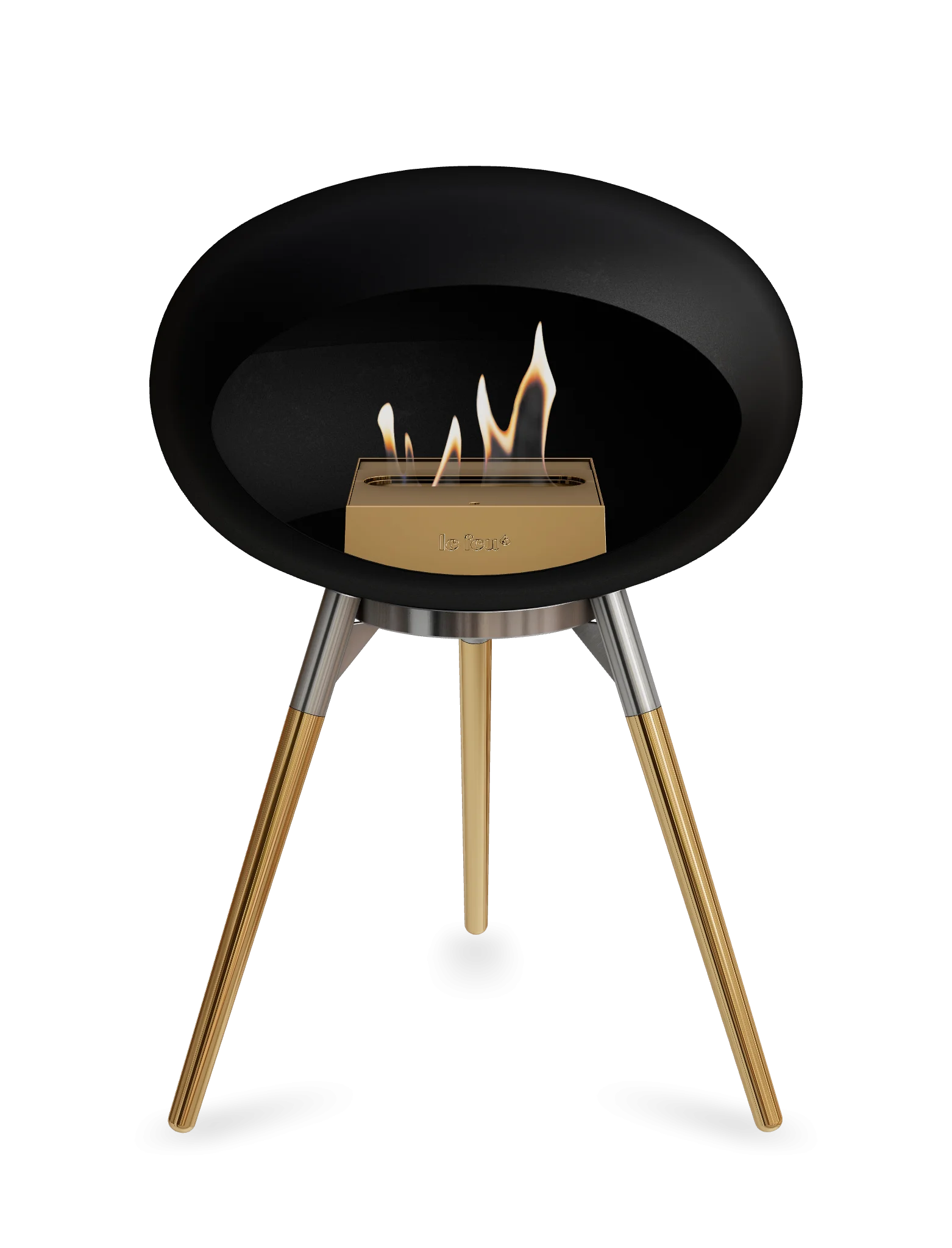 Le Feu Dome Ground Low Bioethanol Fireplace in black with flames, stylish and portable for any space.