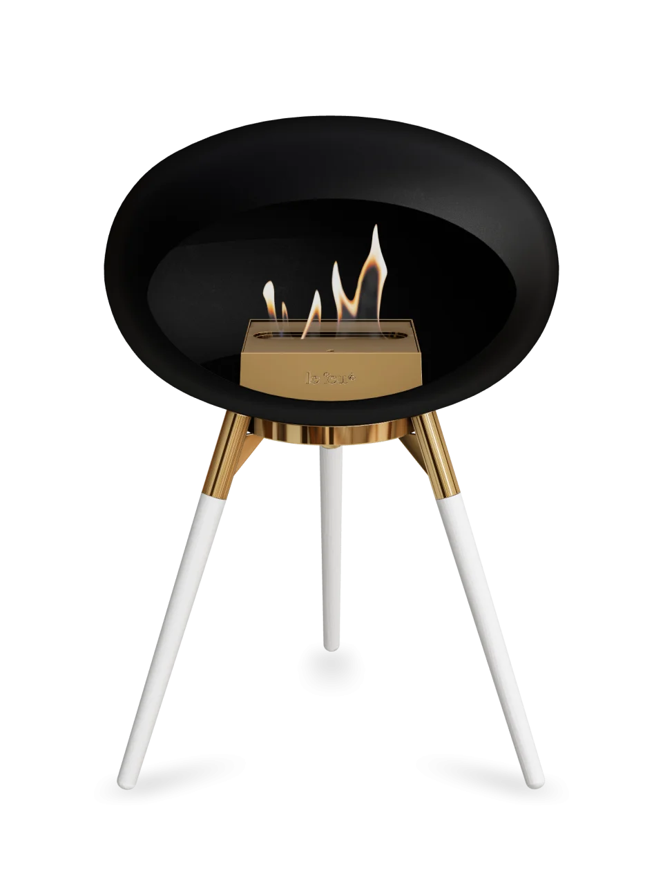 Le Feu Dome Ground Low Bioethanol Fireplace in black with golden accents, featuring flames for stylish heating.