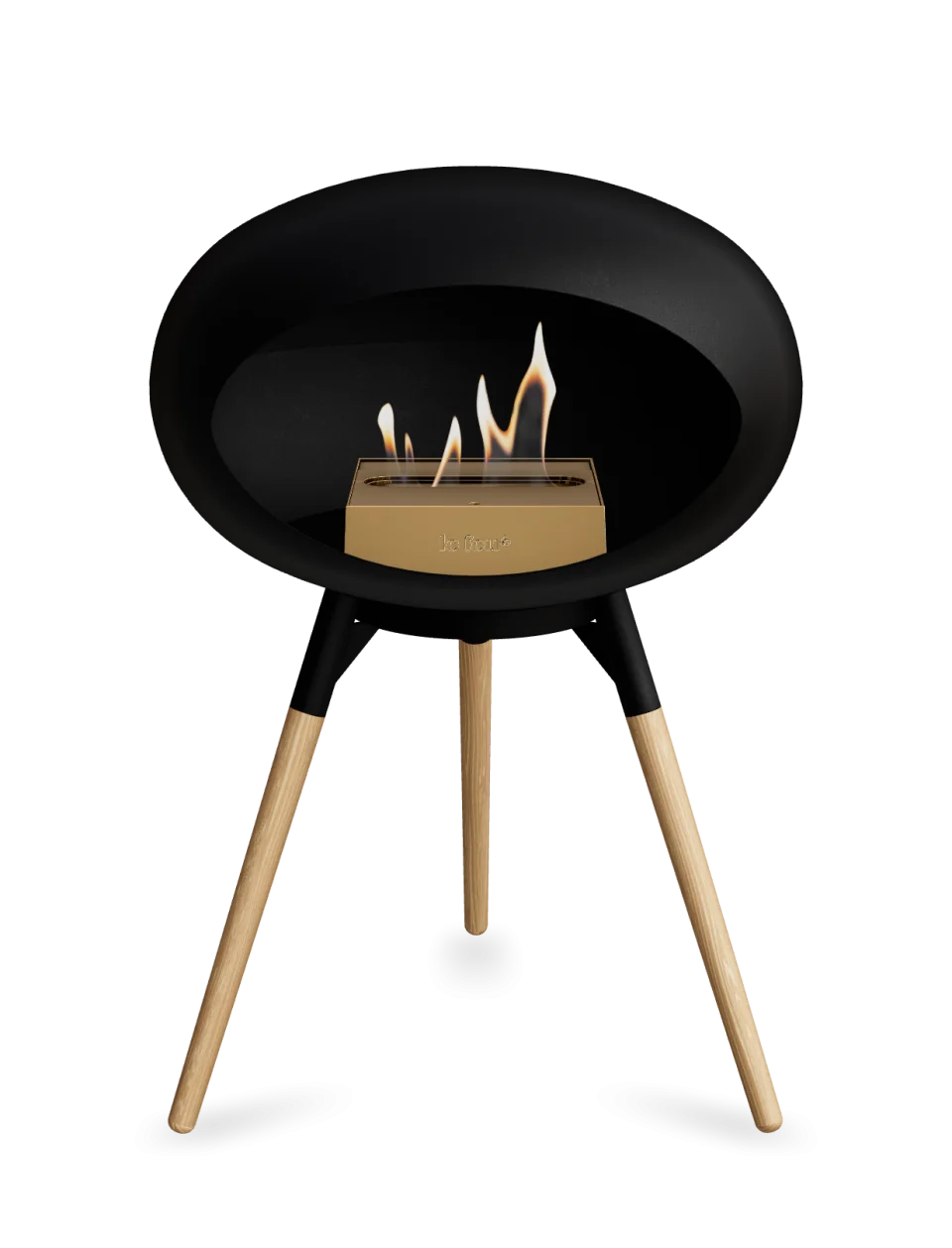 Freestanding Le Feu Dome Ground Low bioethanol fireplace in black with flames, stylish and portable heating solution.