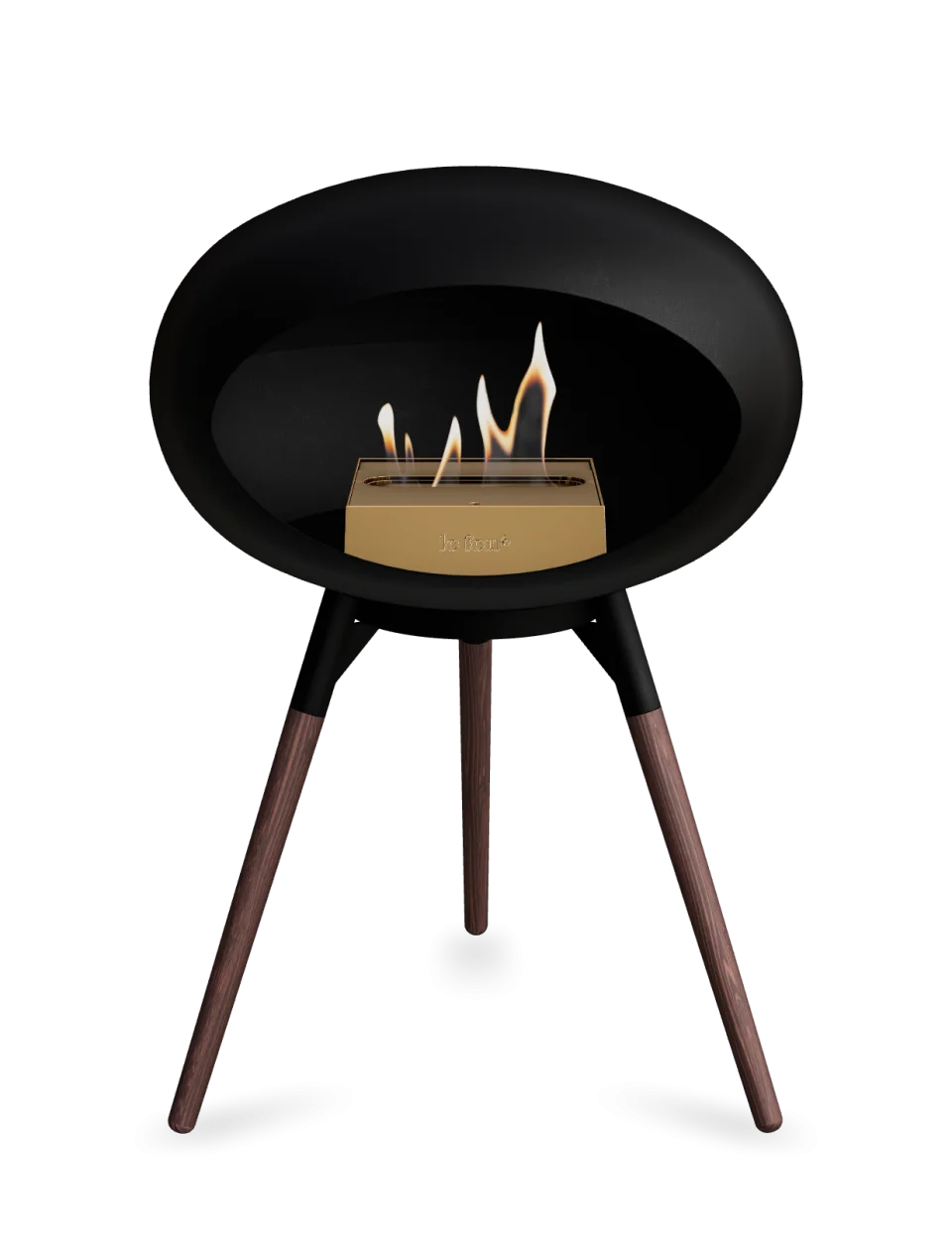 Freestanding black bioethanol fireplace Le Feu Dome Ground Low with flames, modern design, and wooden legs.
