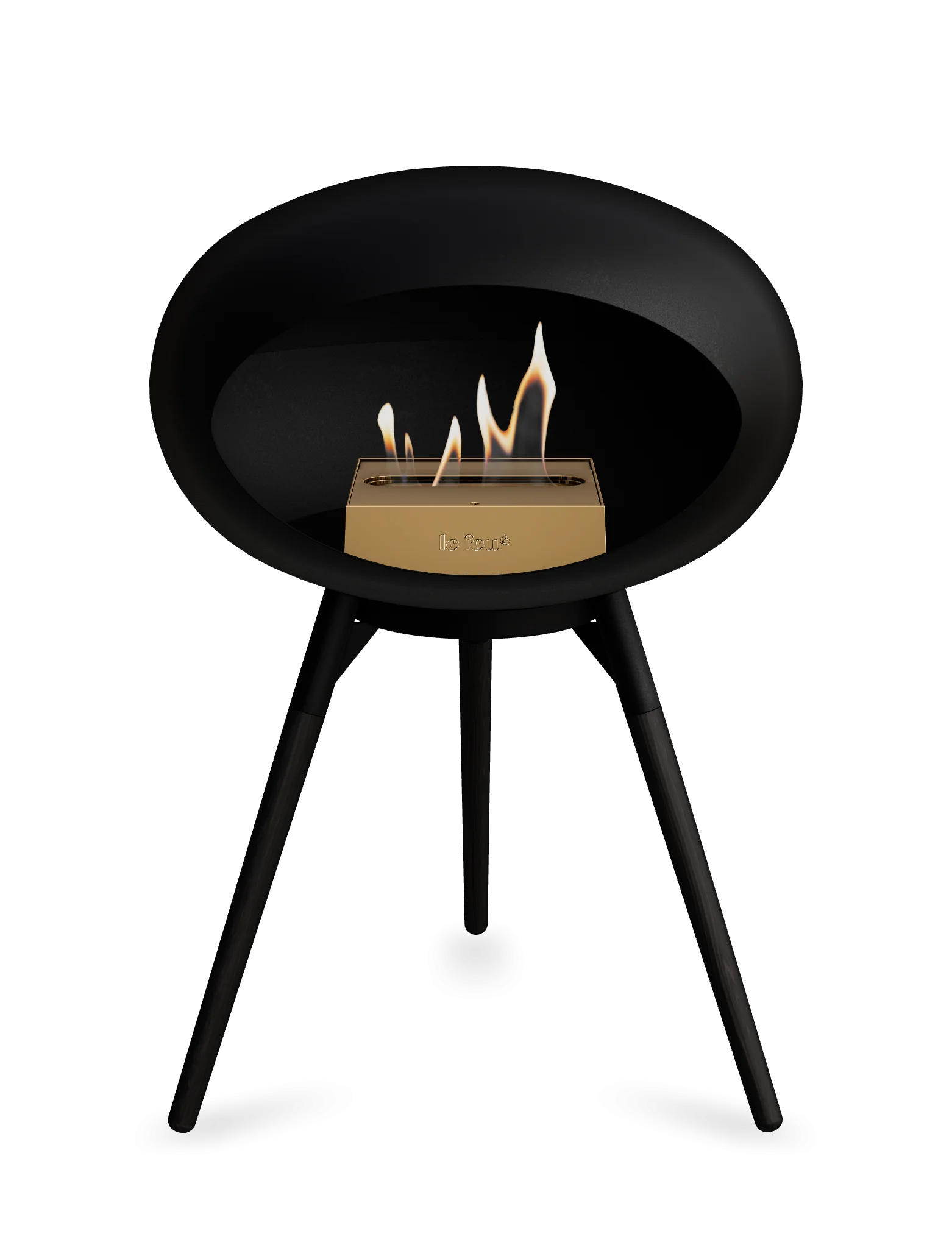 Freestanding black Le Feu Dome Ground Low bioethanol fireplace with flame, portable and stylish heating solution.