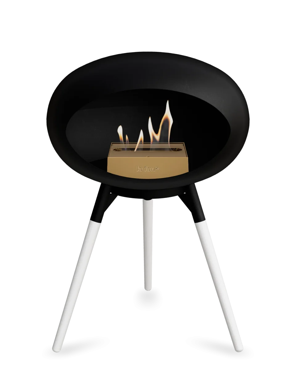 Le Feu Dome Ground Low bioethanol fireplace in black with flames, stylish and portable heating solution.