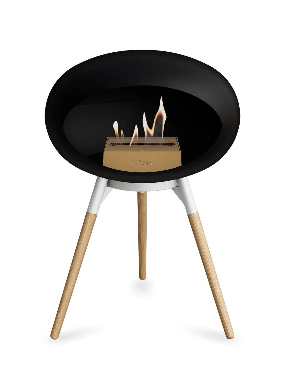 Stylish freestanding black bioethanol fireplace with flames, featuring wood legs for a modern look.