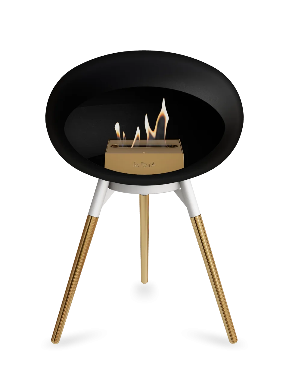 Freestanding black Le Feu Dome Ground Low bioethanol fireplace with gold and white legs, featuring stylish decorative flames.
