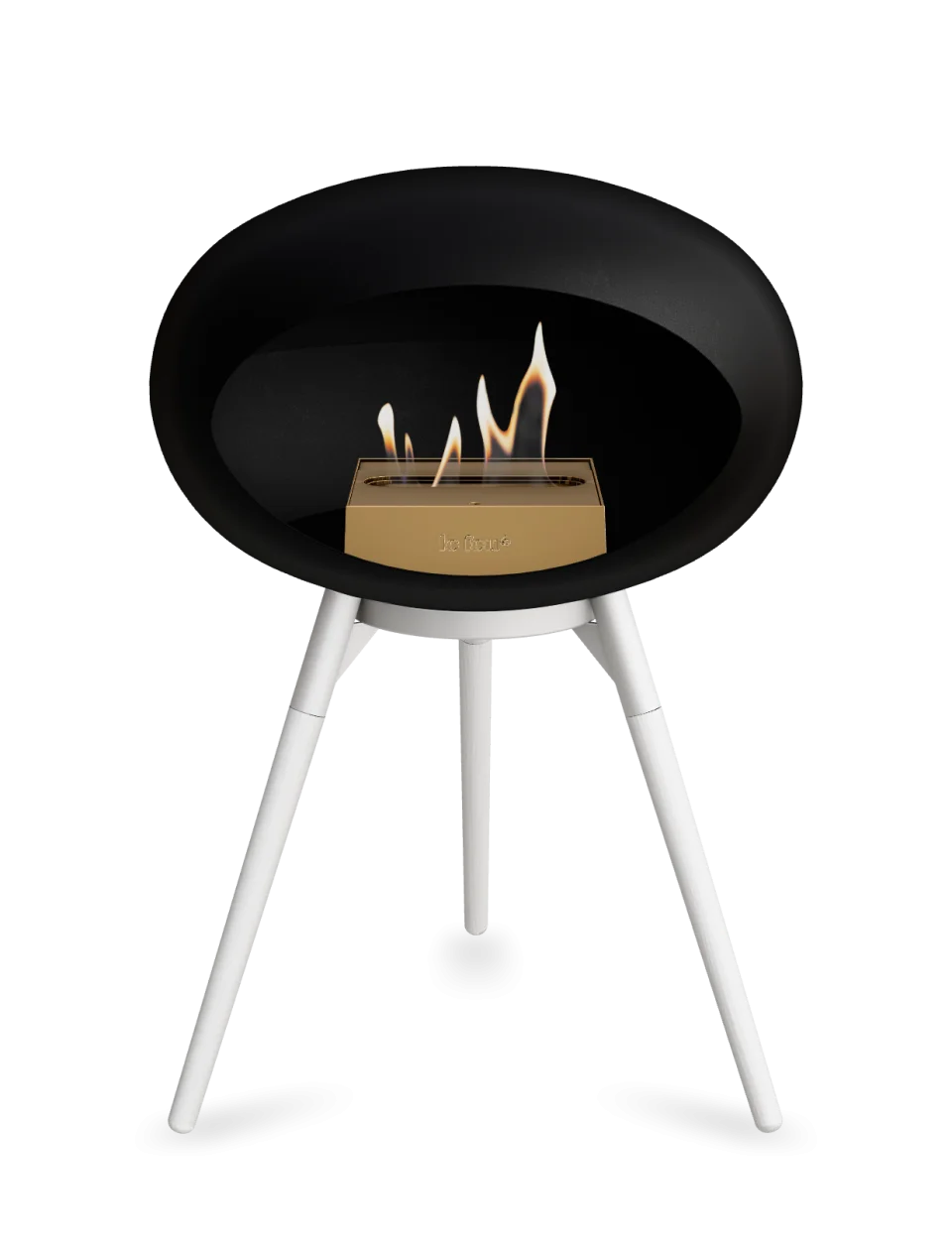 Freestanding black Le Feu Dome Ground Low bioethanol fireplace with white legs and flames, stylish and portable.