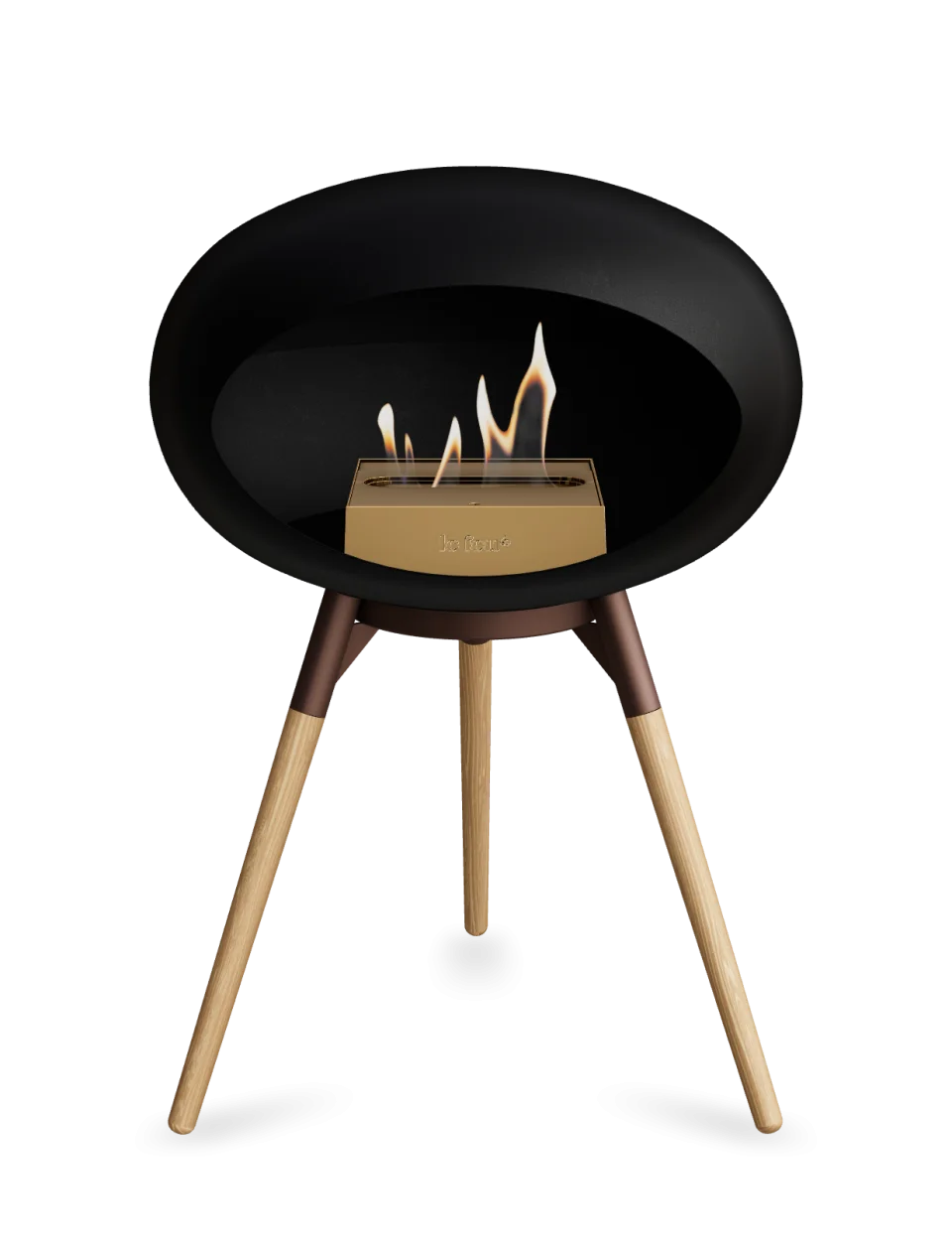 Freestanding black bioethanol fireplace by Le Feu, featuring elegant design and natural flames.