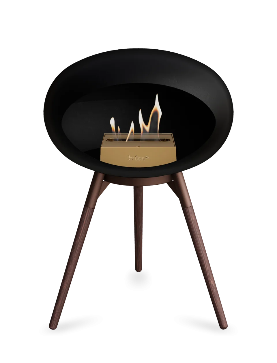 Freestanding Le Feu Dome Ground Low bioethanol fireplace in black with flames, perfect for stylish and portable heating.
