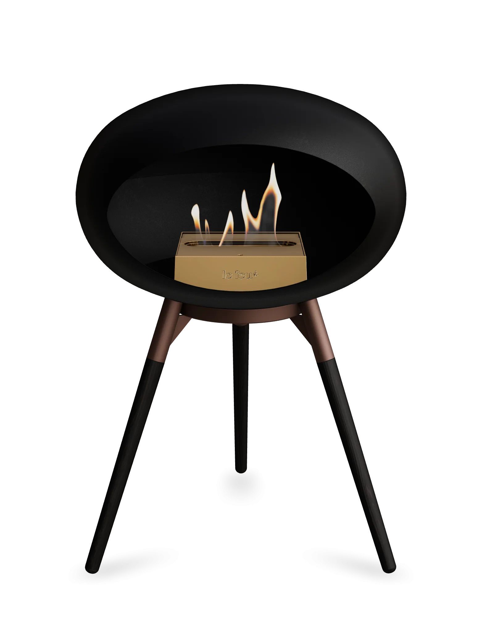 Le Feu Dome Ground Low black bioethanol fireplace, stylish and portable with a golden burner, perfect for contemporary spaces.
