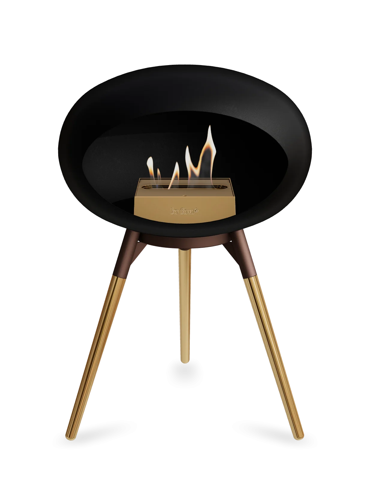 Freestanding bioethanol fireplace Le Feu Dome Ground Low in black with golden accents, stylish and portable heating solution.