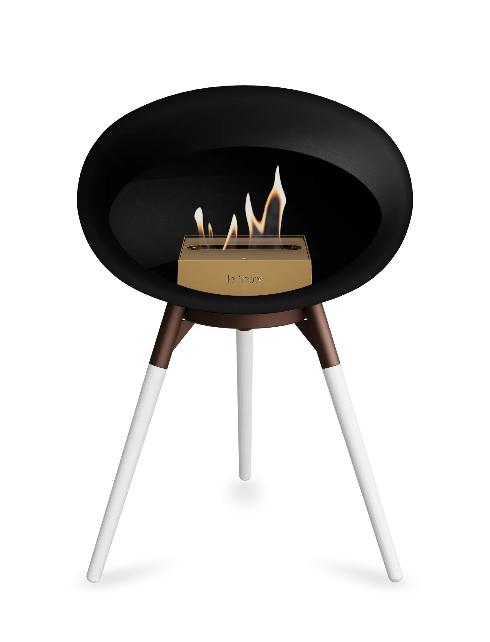 Freestanding black bioethanol fireplace Le Feu Dome Ground Low with flames, stylish and portable for any space.