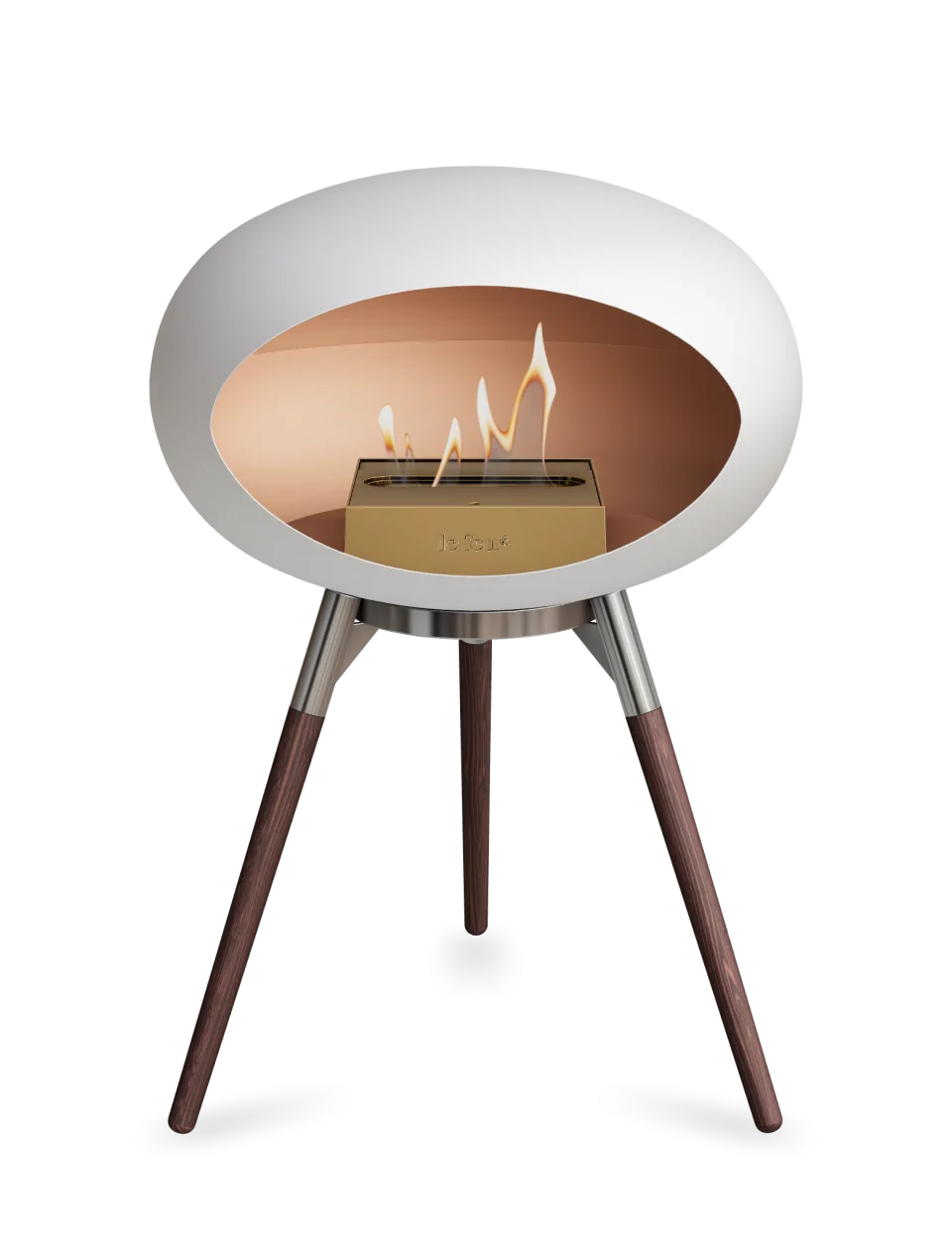 Freestanding Le Feu Dome Ground Low Bioethanol Fireplace in white with wooden legs, featuring stylish flames.