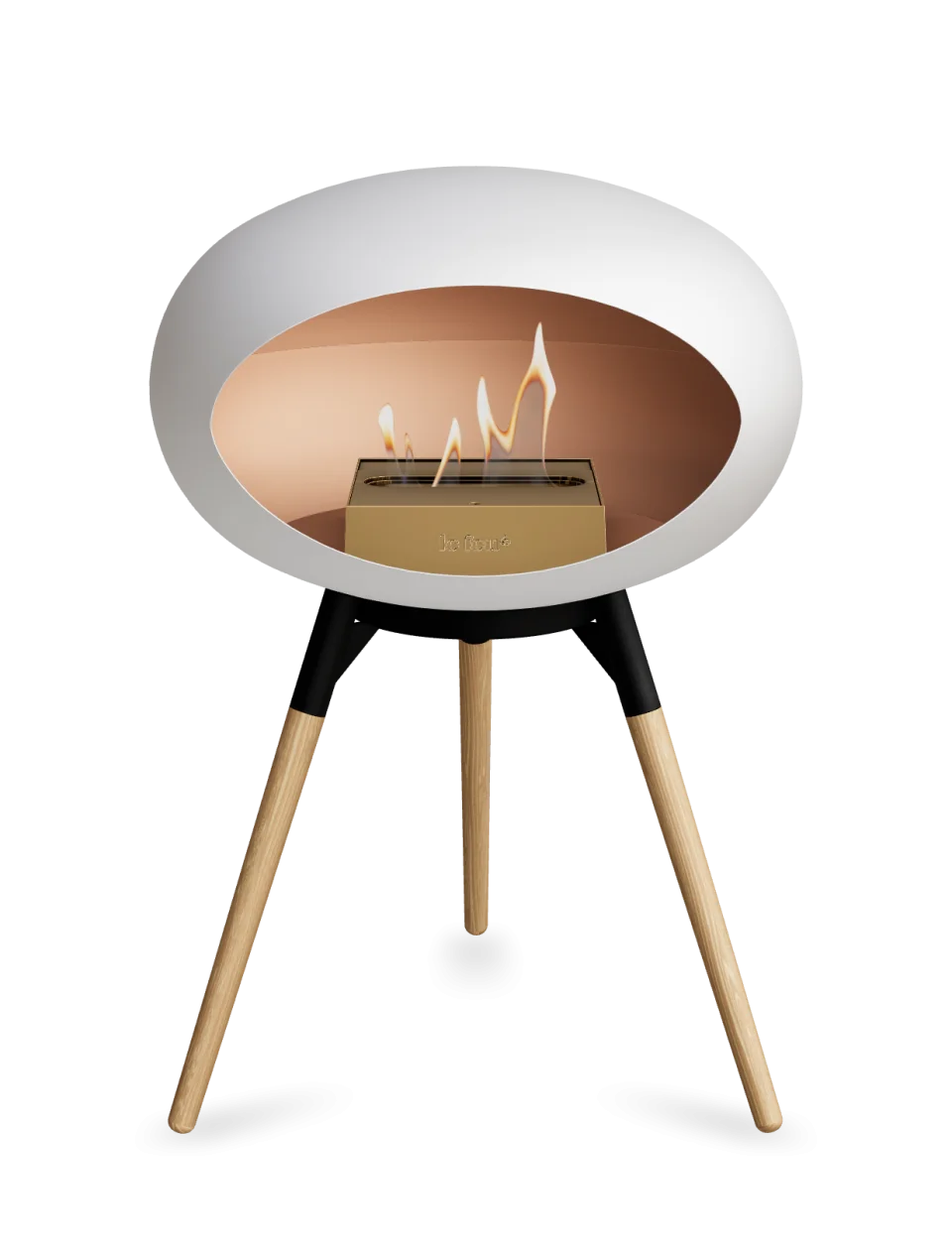 Le Feu Dome Ground Low freestanding bioethanol fireplace in white with flames, stylish and portable heating solution.