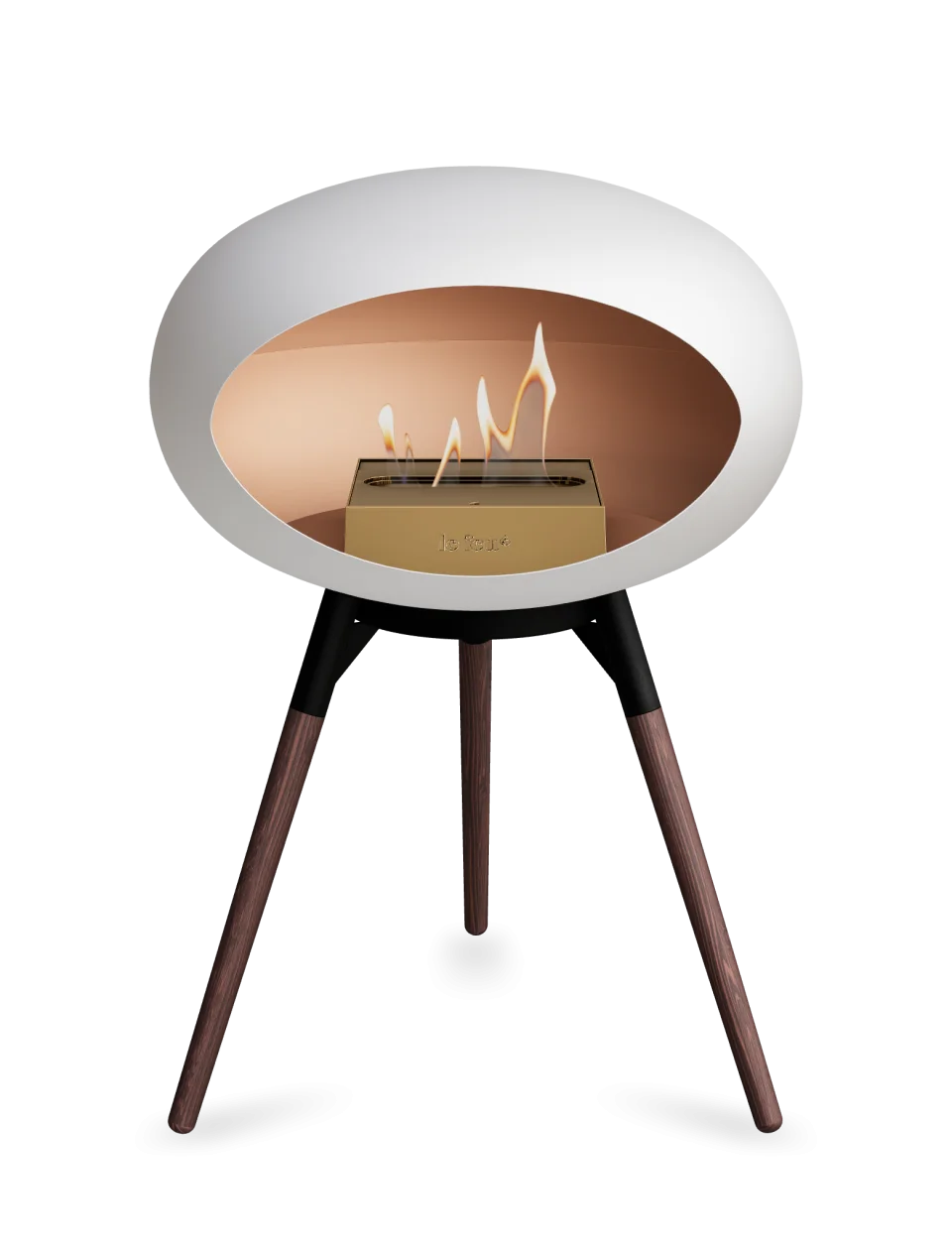 Freestanding white bioethanol fireplace Le Feu Dome Ground Low with flames, stylish portable design on wooden legs.