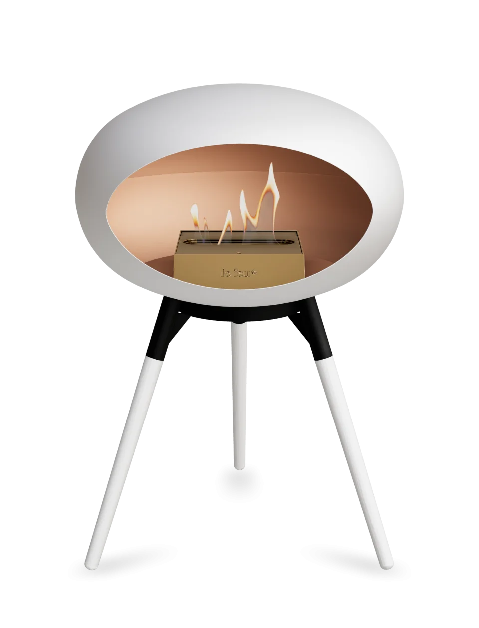 Freestanding Le Feu Dome Ground Low bioethanol fireplace in white, stylish and portable for modern spaces.