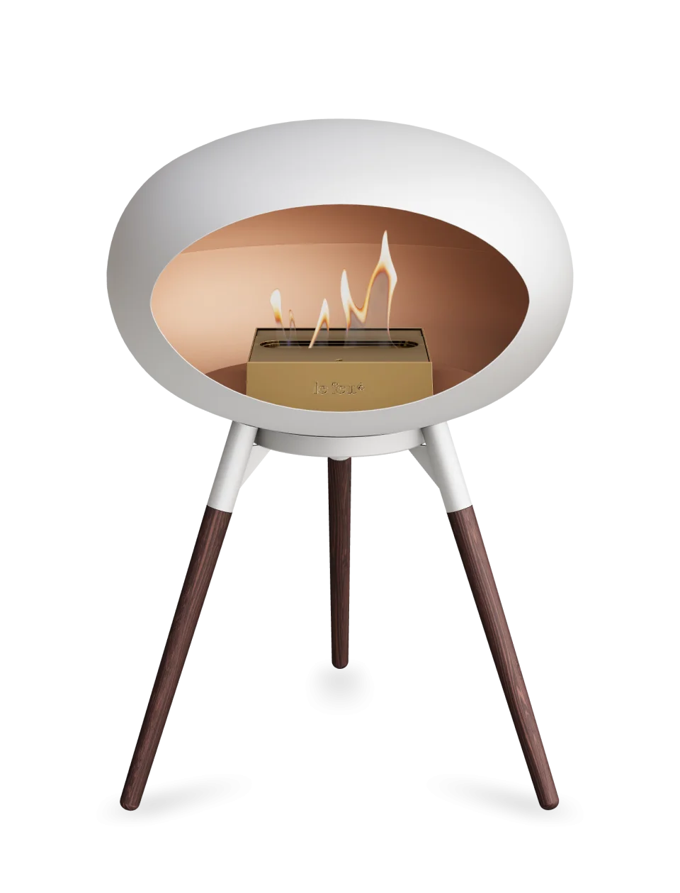 Freestanding Le Feu Dome Ground Low bioethanol fireplace in white with wood legs, providing stylish warmth for any space.