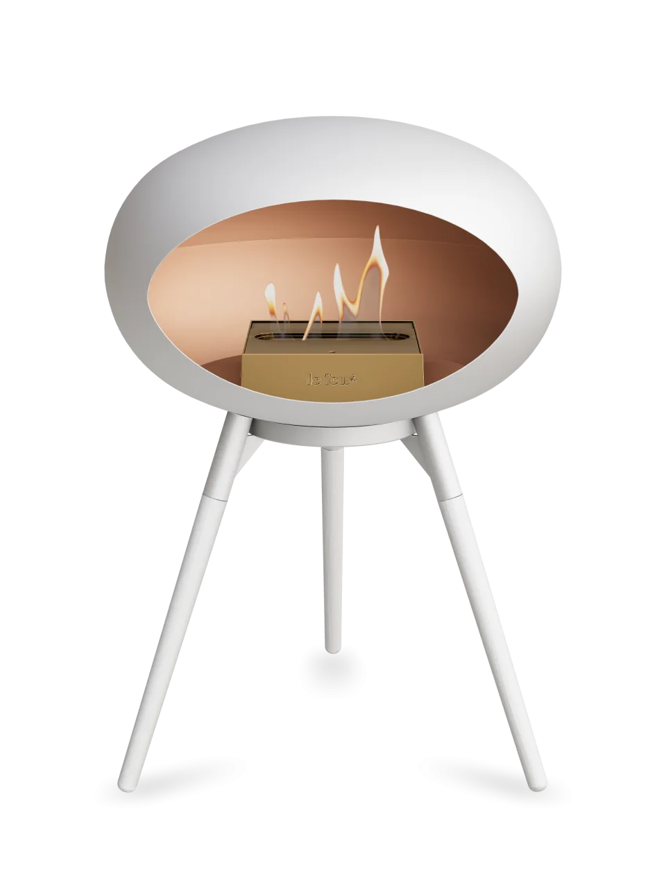Le Feu Dome Ground Low Bioethanol Fireplace in white, a stylish and portable heating solution.