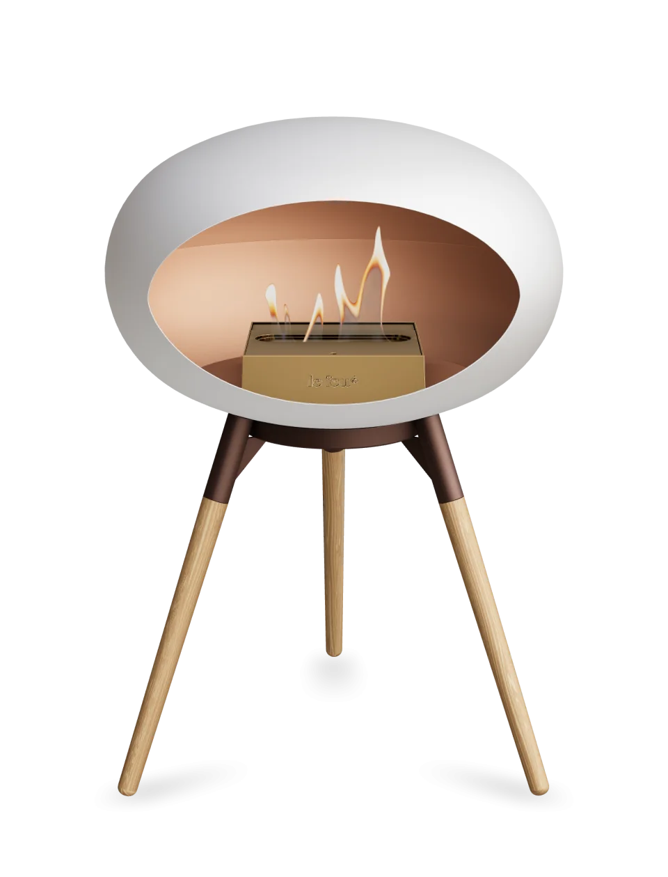 Le Feu Dome Ground Low bioethanol fireplace in white with stylish wooden legs, offering portable warmth and contemporary design.
