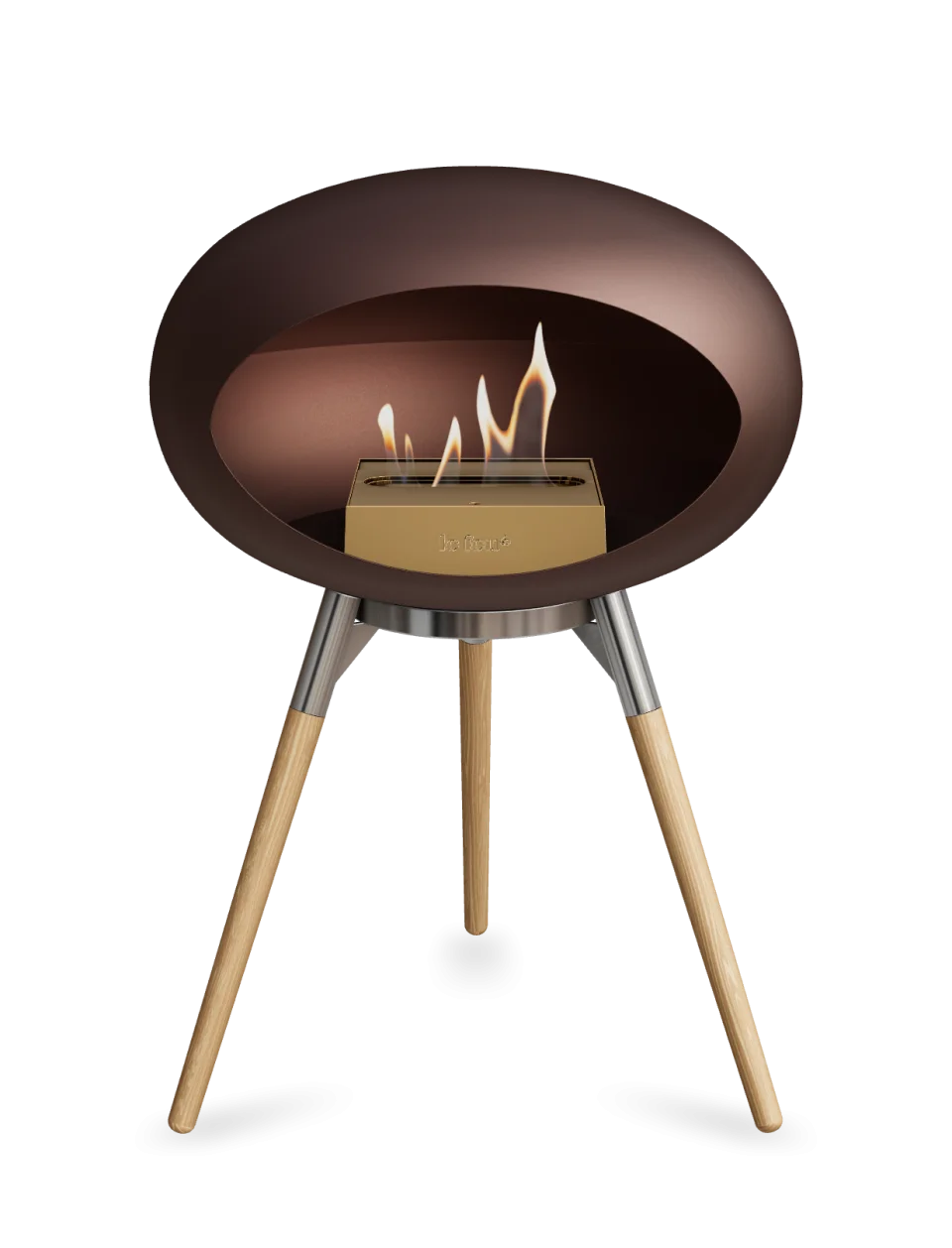 Freestanding Bioethanol Fireplace Le Feu Dome Ground Low in Mocca with flames, stylish design, eco-friendly warmth.