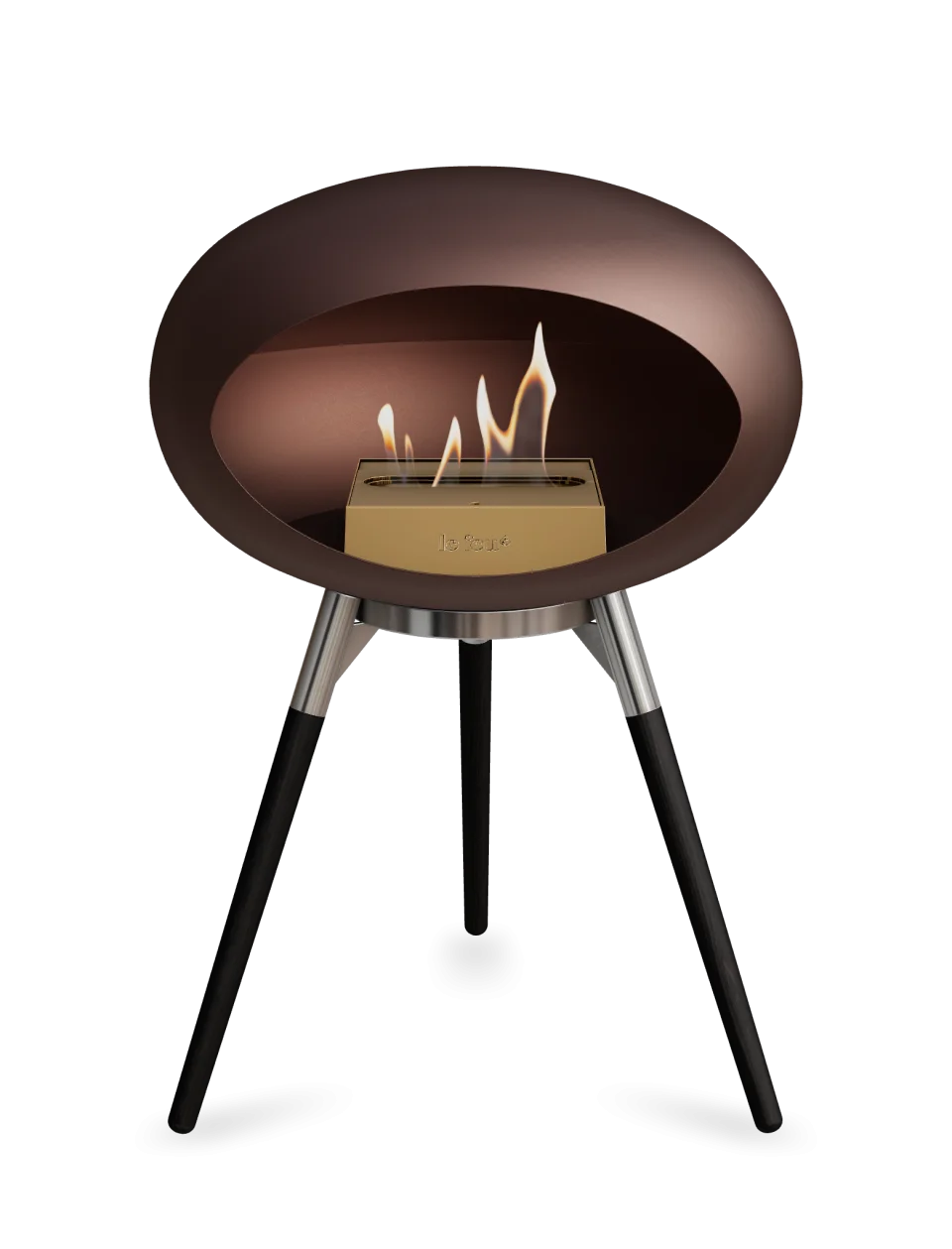Freestanding bioethanol fireplace Le Feu Dome Ground Low in mocca color with flame.