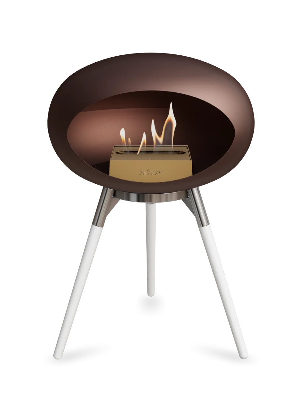 Freestanding Le Feu Dome Ground Low bioethanol fireplace in mocca with elegant design and flames.