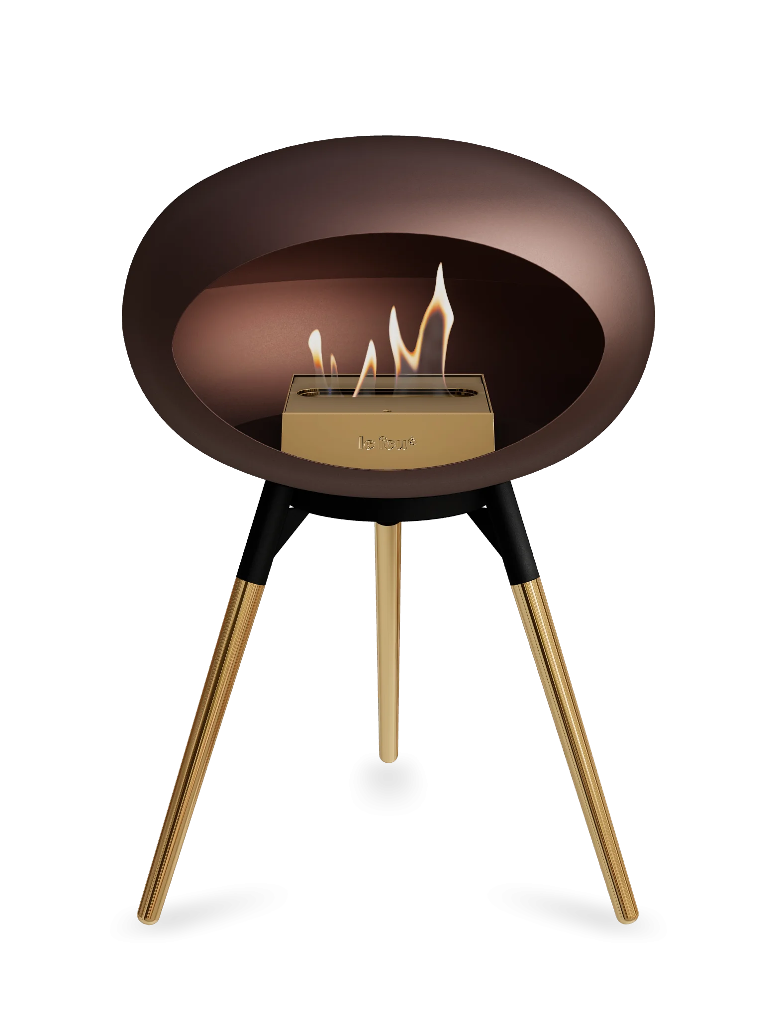 Le Feu Dome Ground Low bioethanol fireplace in mocca color, stylish and portable with gold legs.