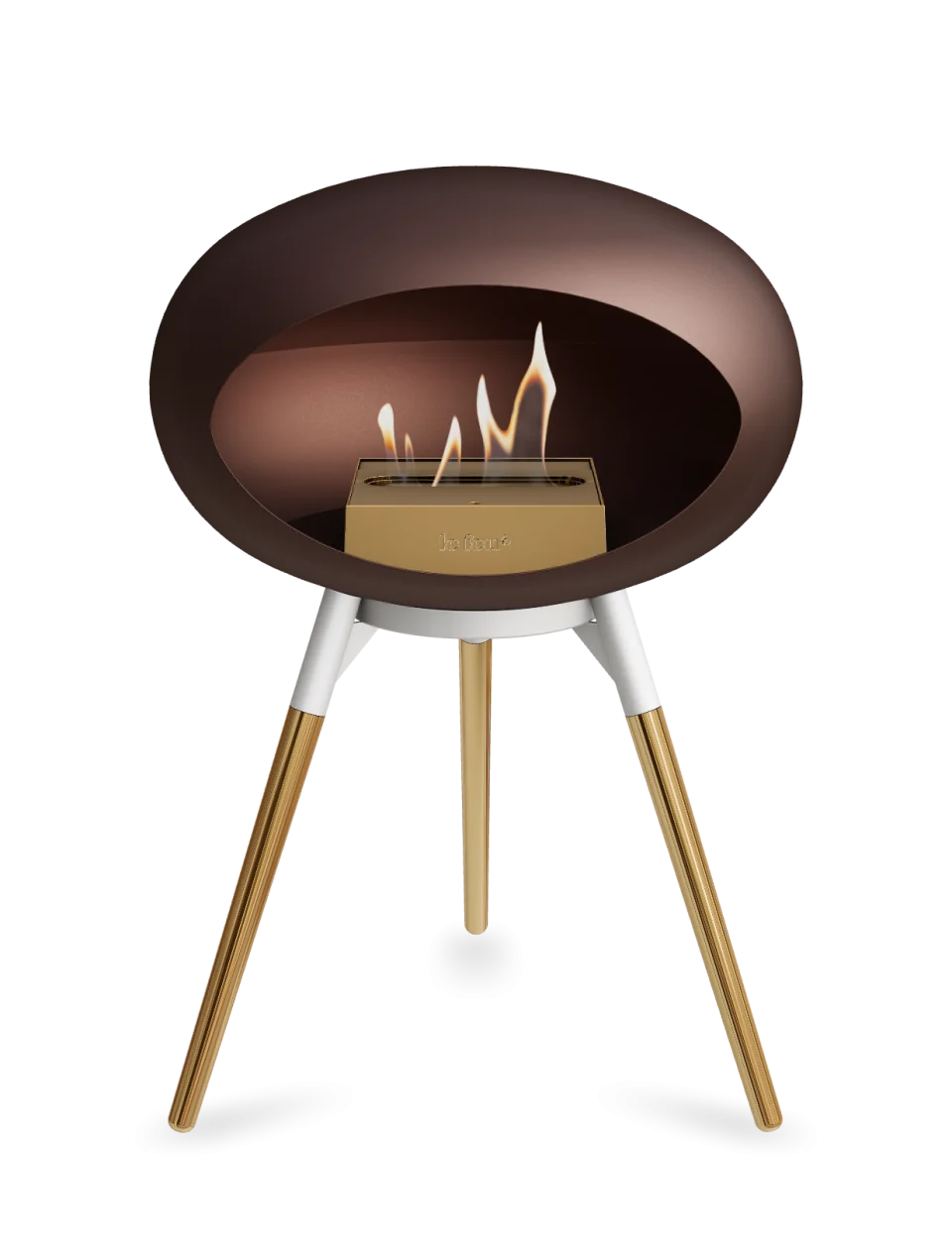 Freestanding bioethanol fireplace Le Feu Dome Ground Low in mocca color with flames and stylish tripod design.