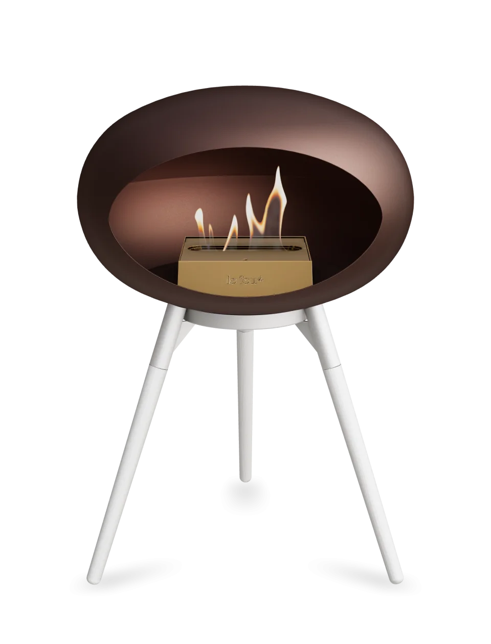 Freestanding bioethanol fireplace Le Feu Dome Ground Low in mocca with flames, stylish and portable heating solution.