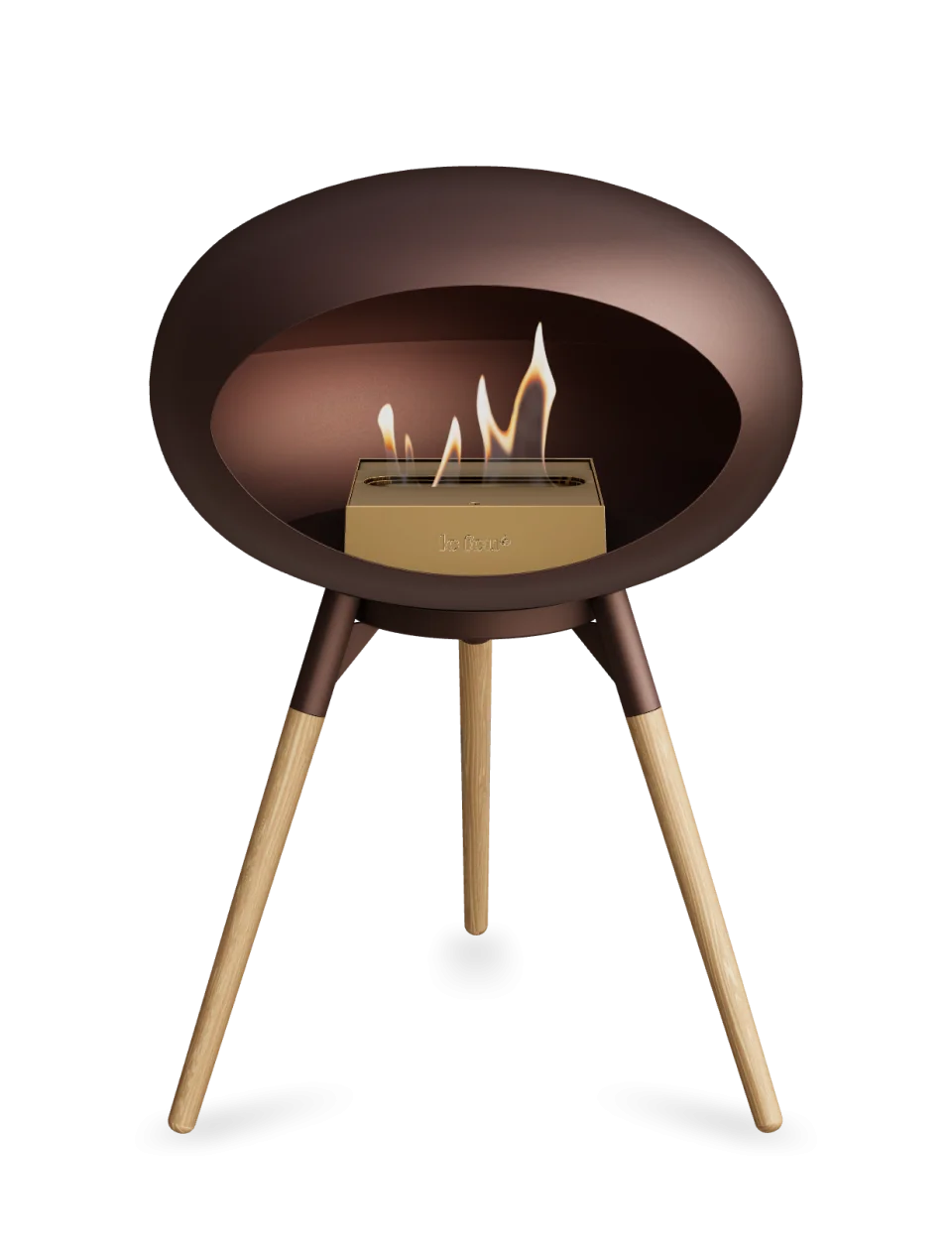 Freestanding Le Feu Dome Ground Low bioethanol fireplace in mocca with elegant design and visible flames.