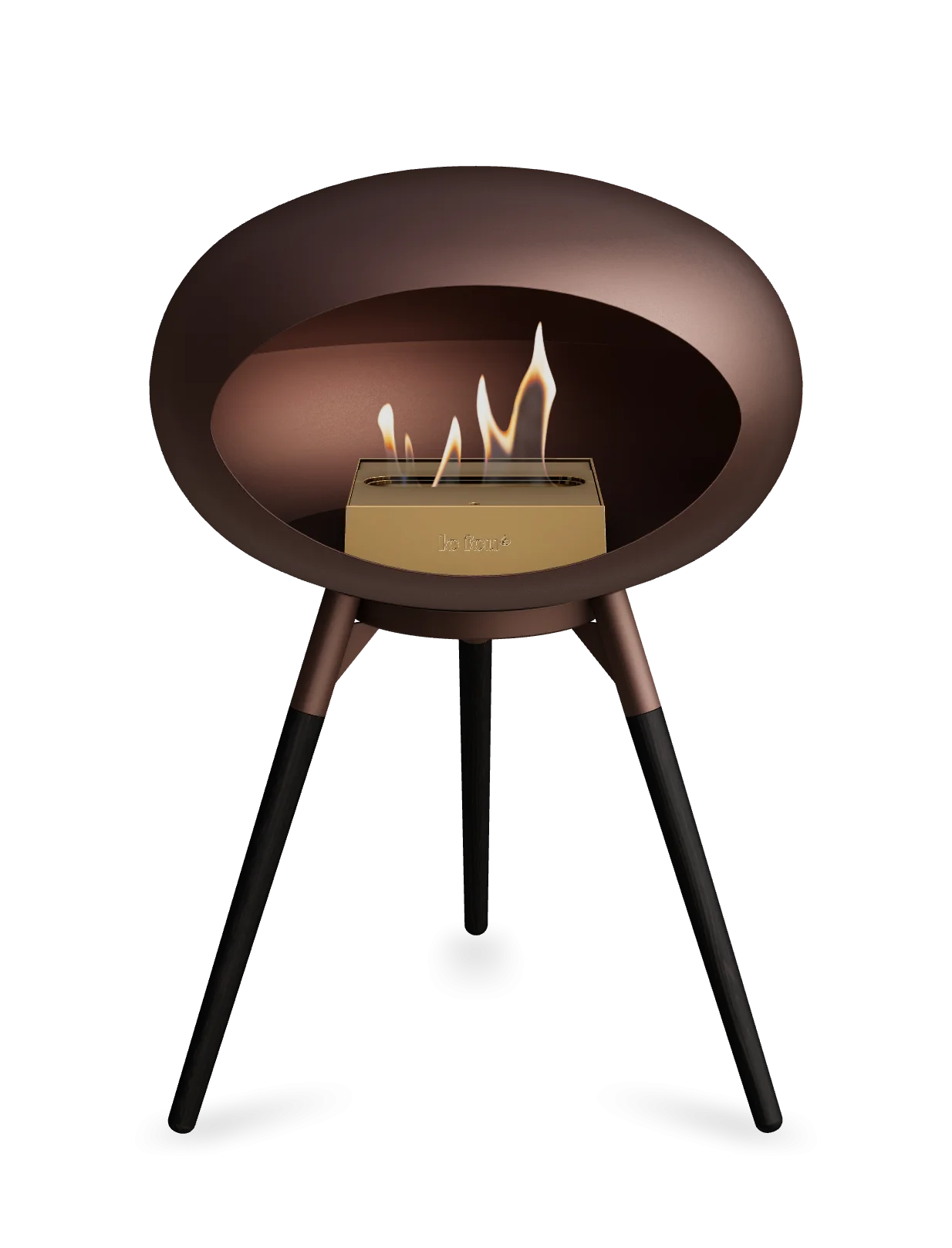 Freestanding bioethanol fireplace Le Feu Dome Ground Low in Mocca color, stylish and portable with visible flames.