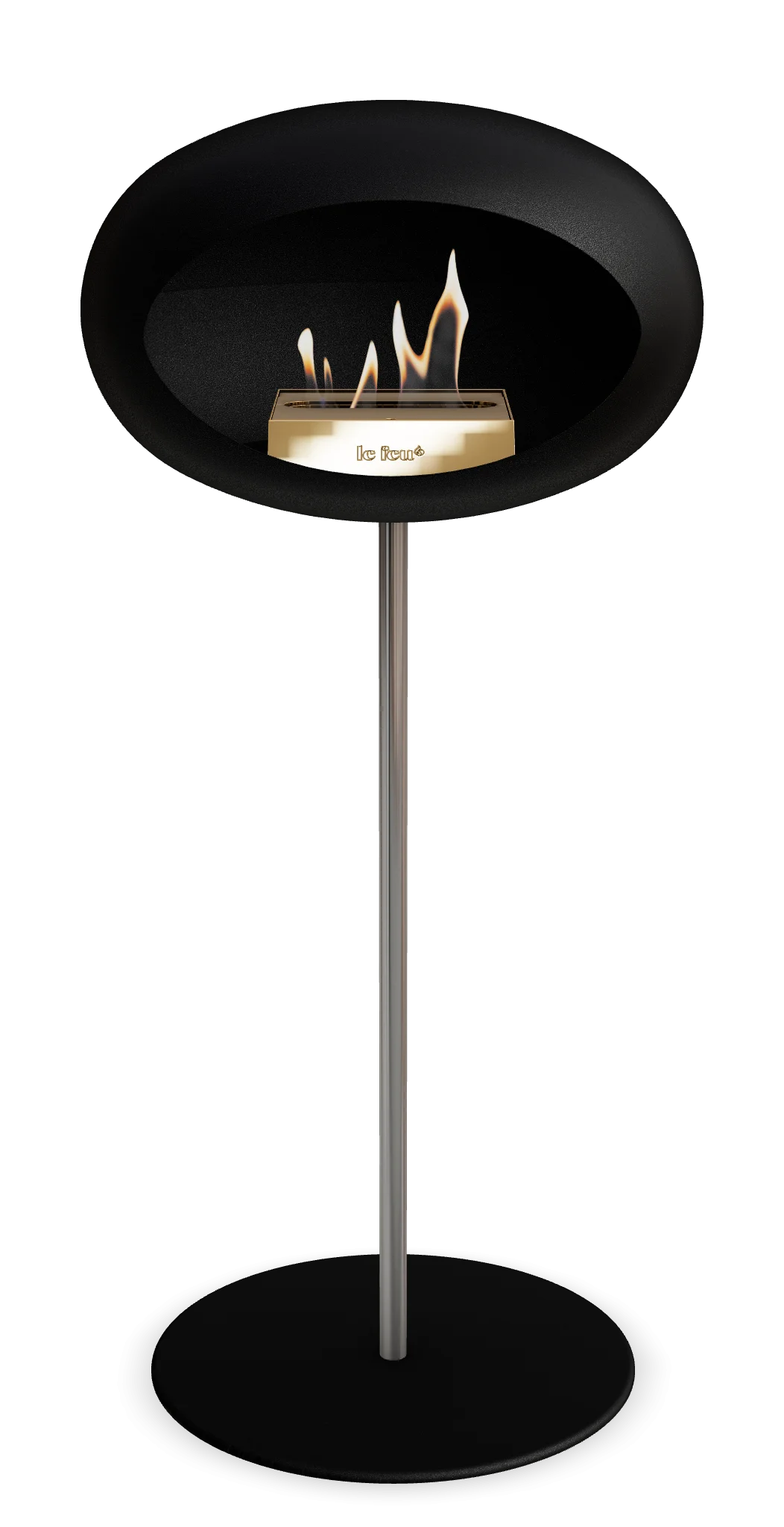 Freestanding Le Feu bioethanol fireplace in black, contemporary design for indoor and outdoor spaces.