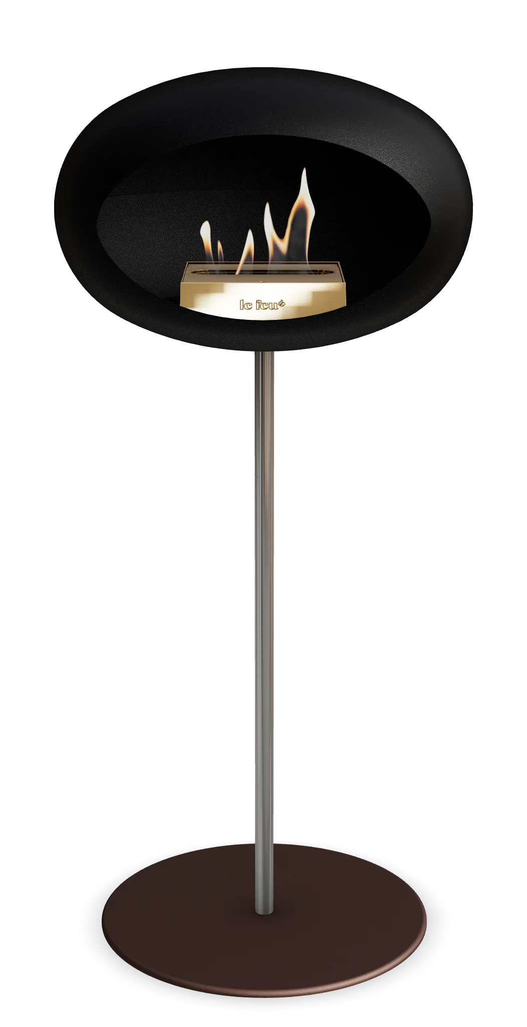 Freestanding Le Feu Dome bioethanol fireplace in black steel with modern design for indoor and outdoor spaces.