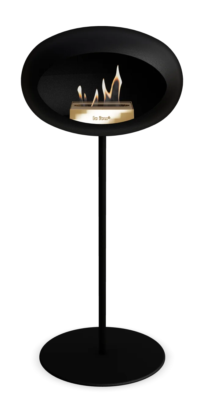 Freestanding black bioethanol fireplace Le Feu Dome, stylish design for indoor and outdoor use.
