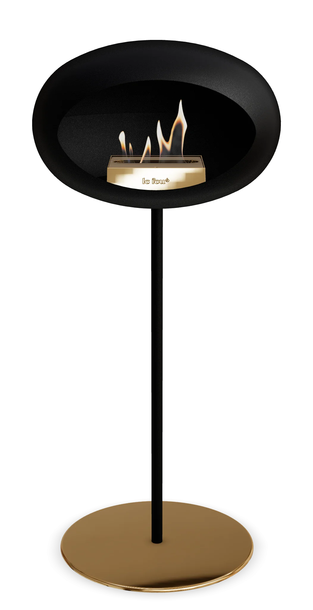 Le Feu Dome freestanding bioethanol fireplace in black, featuring a modern design and eco-friendly flames.