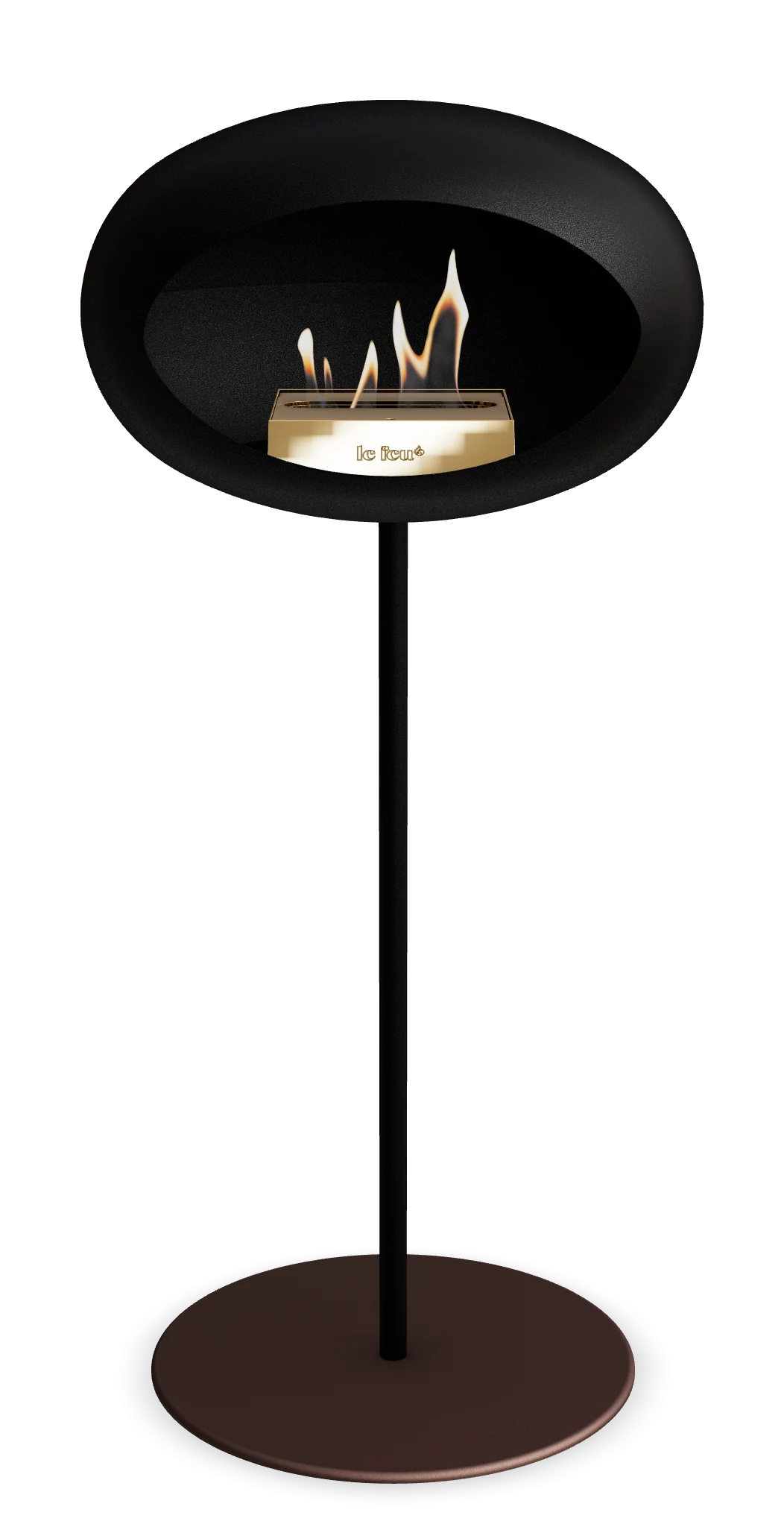 Freestanding black bioethanol fireplace with modern design and flames, suitable for indoor and outdoor use.