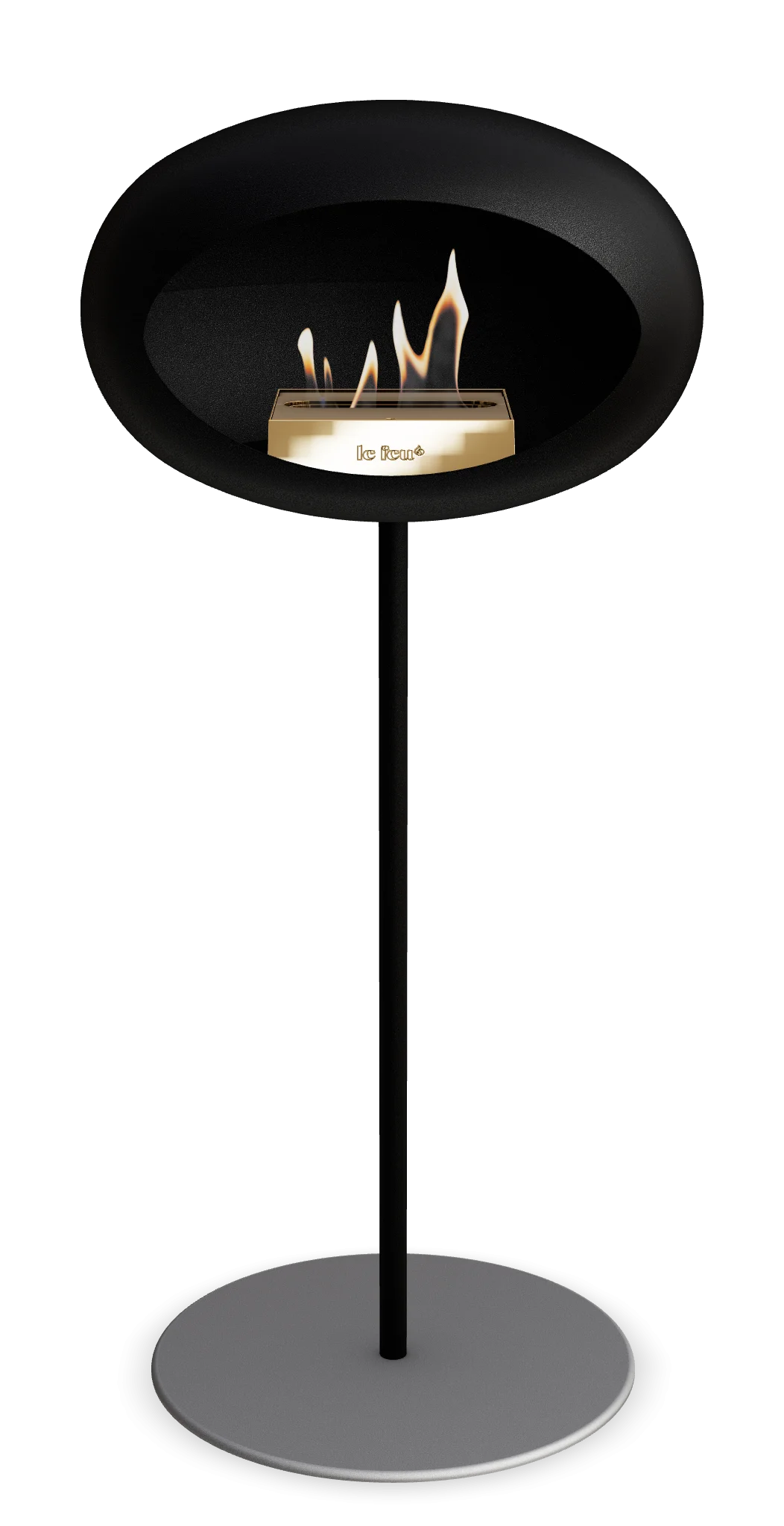 Freestanding black bioethanol fireplace Le Feu Dome, modern design, eco-friendly heating solution for indoor and outdoor use.