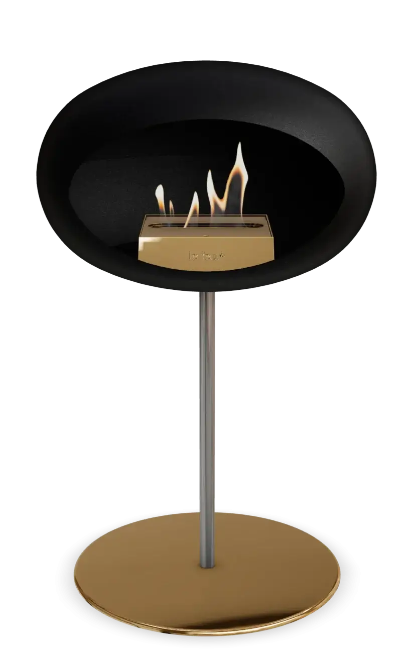 Le Feu Dome Ground Low Steel Bioethanol Fireplace in black with flames, stylish and eco-friendly for indoor and outdoor use.