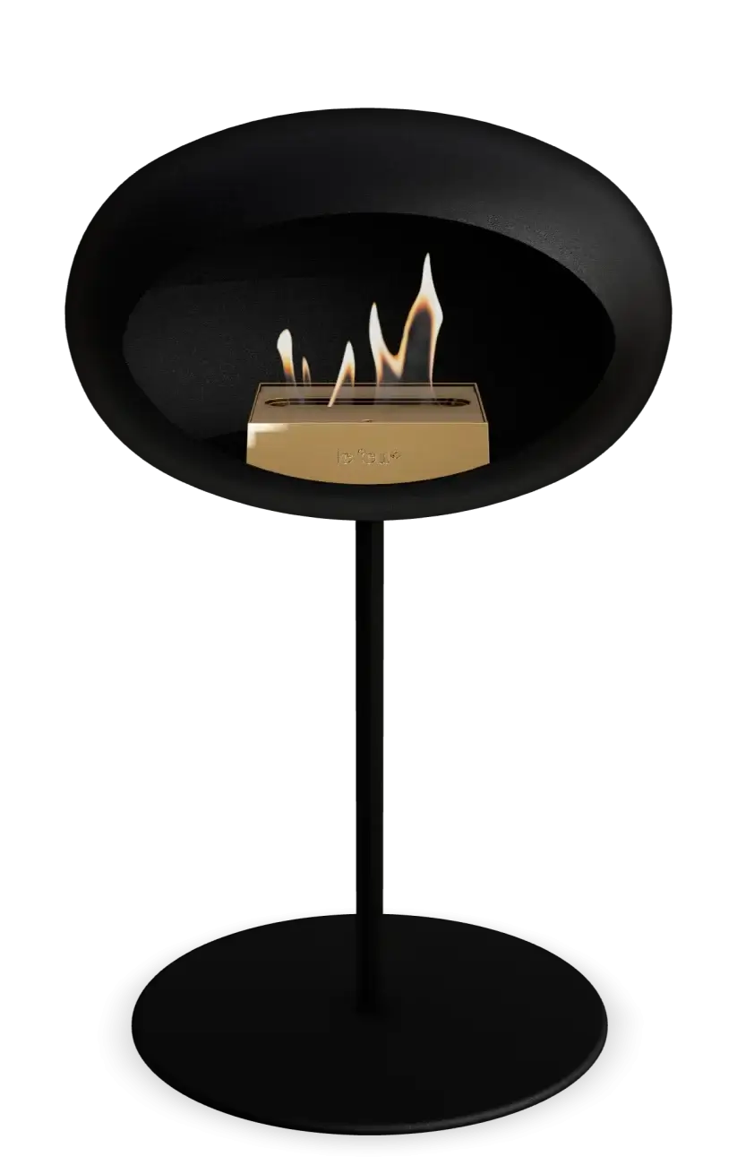 Freestanding black bioethanol fireplace by Le Feu, featuring modern design and eco-friendly flames.