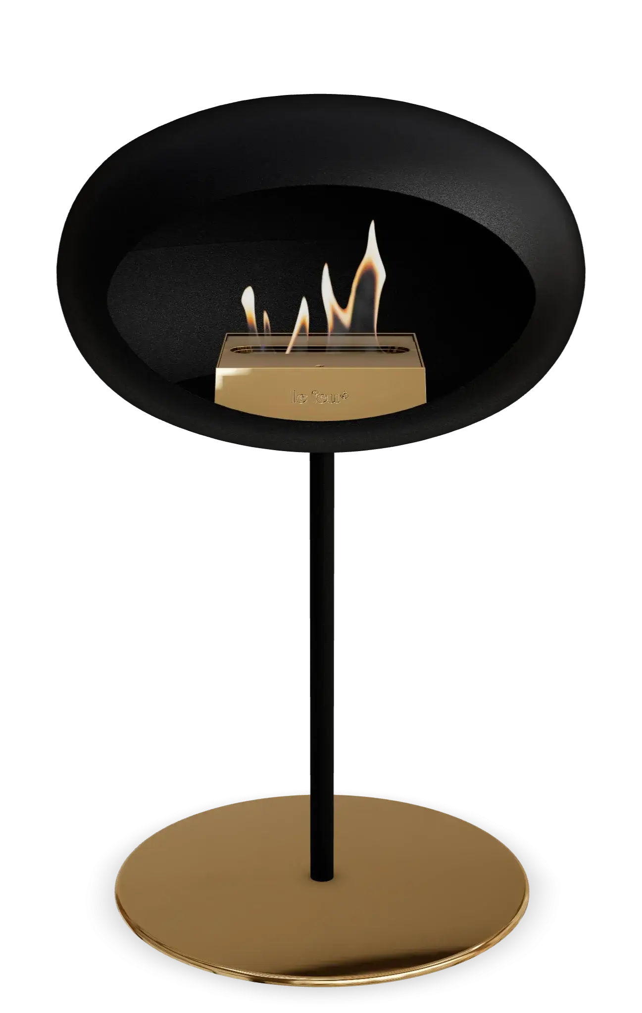 Le Feu Dome Ground Low Steel Bioethanol Fireplace in black with golden stand, featuring stylish flames.