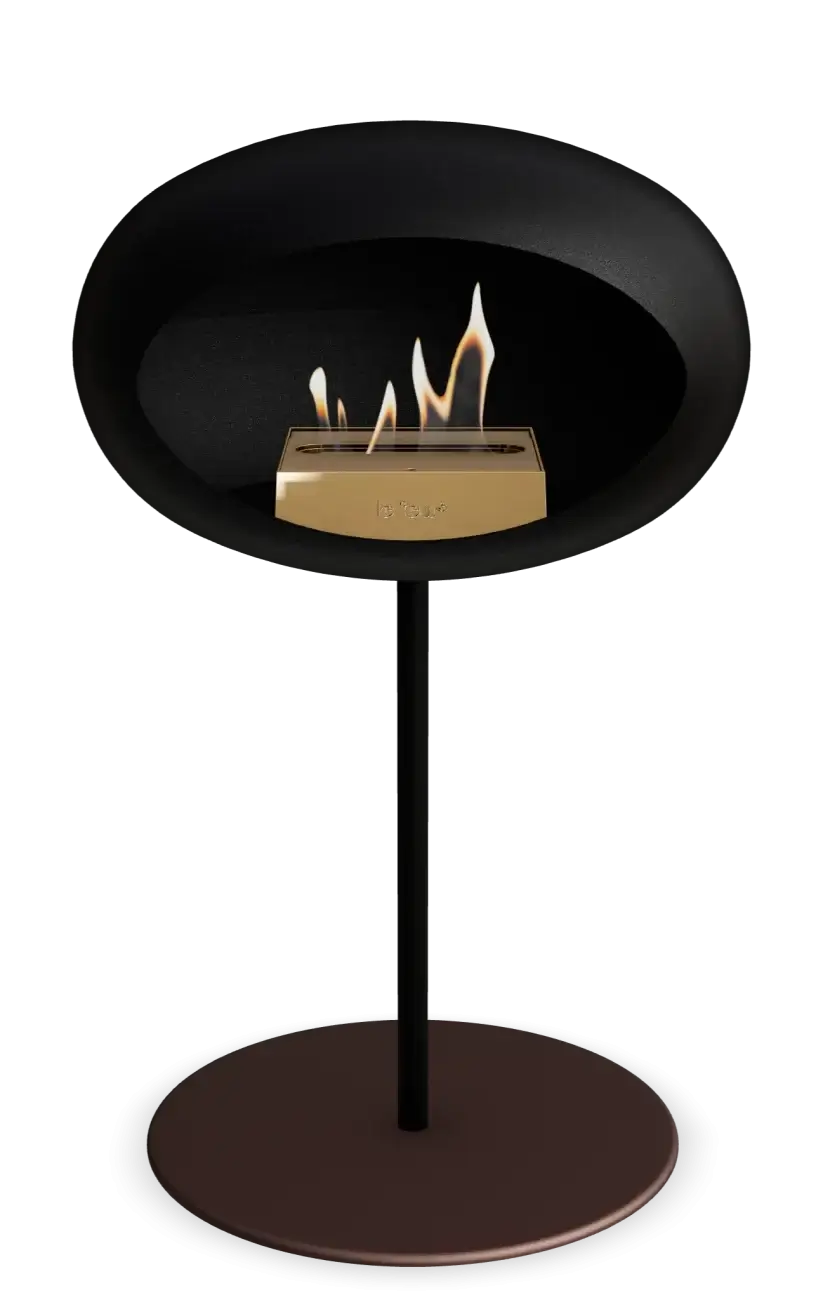 Freestanding black bioethanol fireplace with elegant design and visible flames, ideal for indoor and outdoor settings.