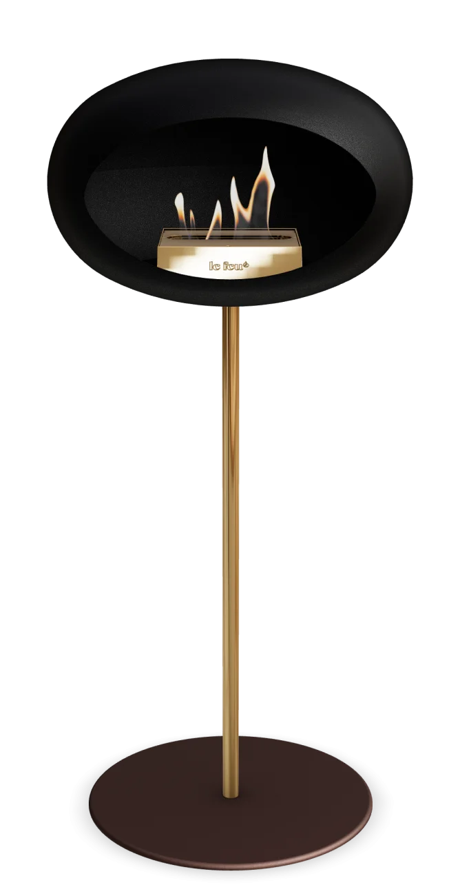 Freestanding black bioethanol fireplace by Le Feu, stylish and eco-friendly for indoor or outdoor use.