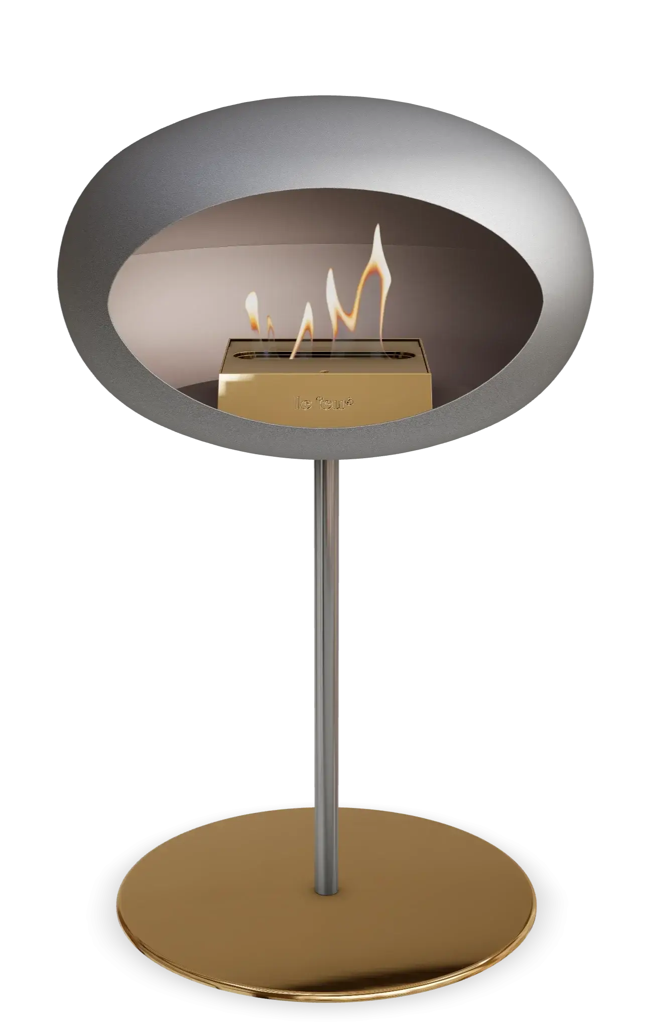 Le Feu Dome Ground Low Steel Bioethanol Fireplace with stylish silver and gold design, perfect for indoor and outdoor living.