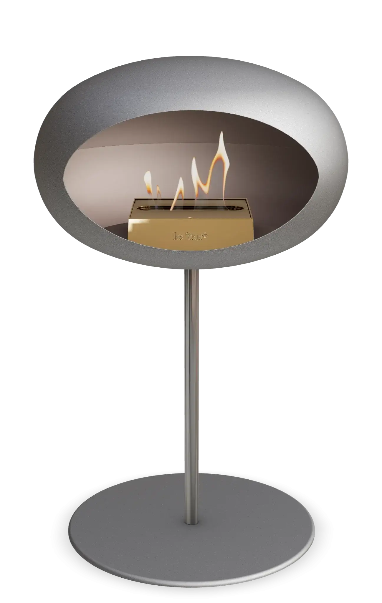 Freestanding bioethanol fireplace Le Feu Dome in steel with flames, perfect for indoor and outdoor spaces.